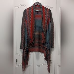 Maurices Red and Blue Cardigan Sweater with Fringe
